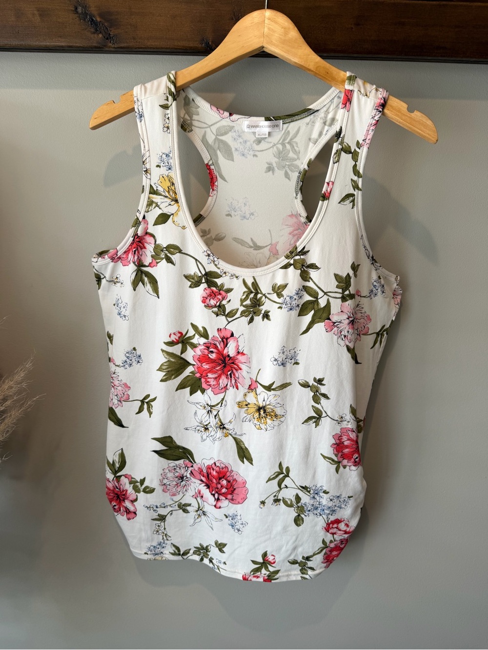 Warehouse White Tank Top with Pink & Green Floral Print